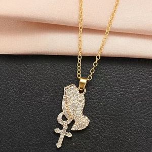 Rhinetone Praying Hands Pendant Gold Necklace